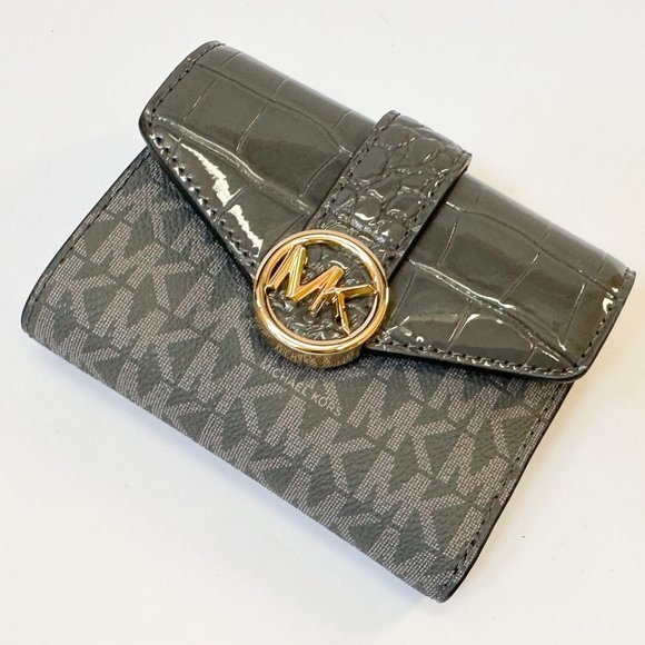 Michael Kors Carmen Medium Flap Bifold Wallet Embossed MK Signature Grey Multi - Picture 4 of 11